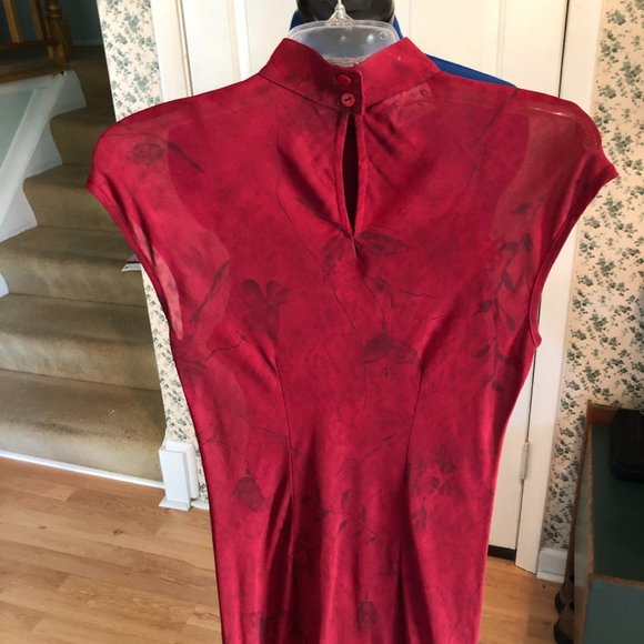 Full Length Burgundy Sheer Gown with Mandarin Collar, Side Slits - Picture 3 of 4